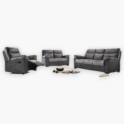 A set of Abeka recliner sofas in dark grey and light grey colors, including a one-seater recliner, a two-seater sofa, and a three-seater sofa, arranged in a living room setting with a cat lying in front of the three-seater sofa.