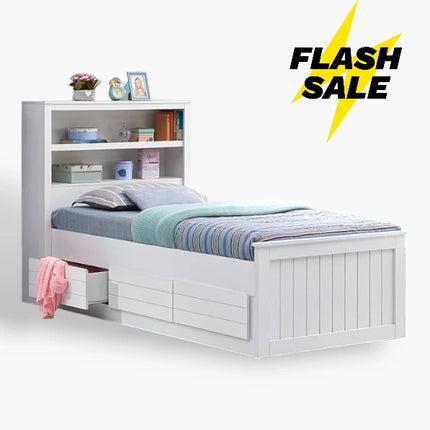White Drawer Bedframe with bookshelf