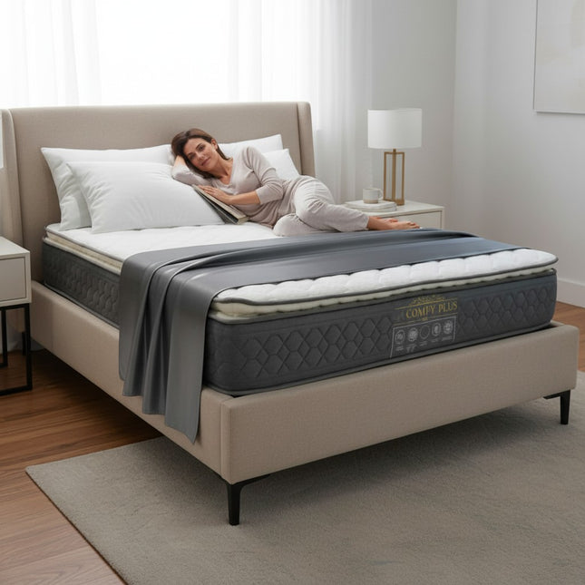F31 Furniture Sleep Zone Comfy Plus pocketed spring mattress with beige upholstered bedframe and woman relaxing.