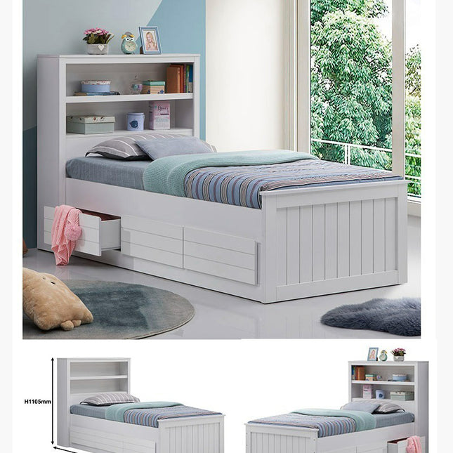 White Drawer Bedframe with bookshelf